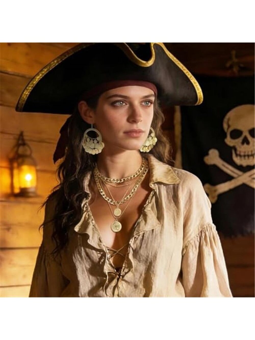 2 Pcs Women's Layered Golden Pirate Necklace Earrings Chunky Chain Layered - Picture 4 of 7